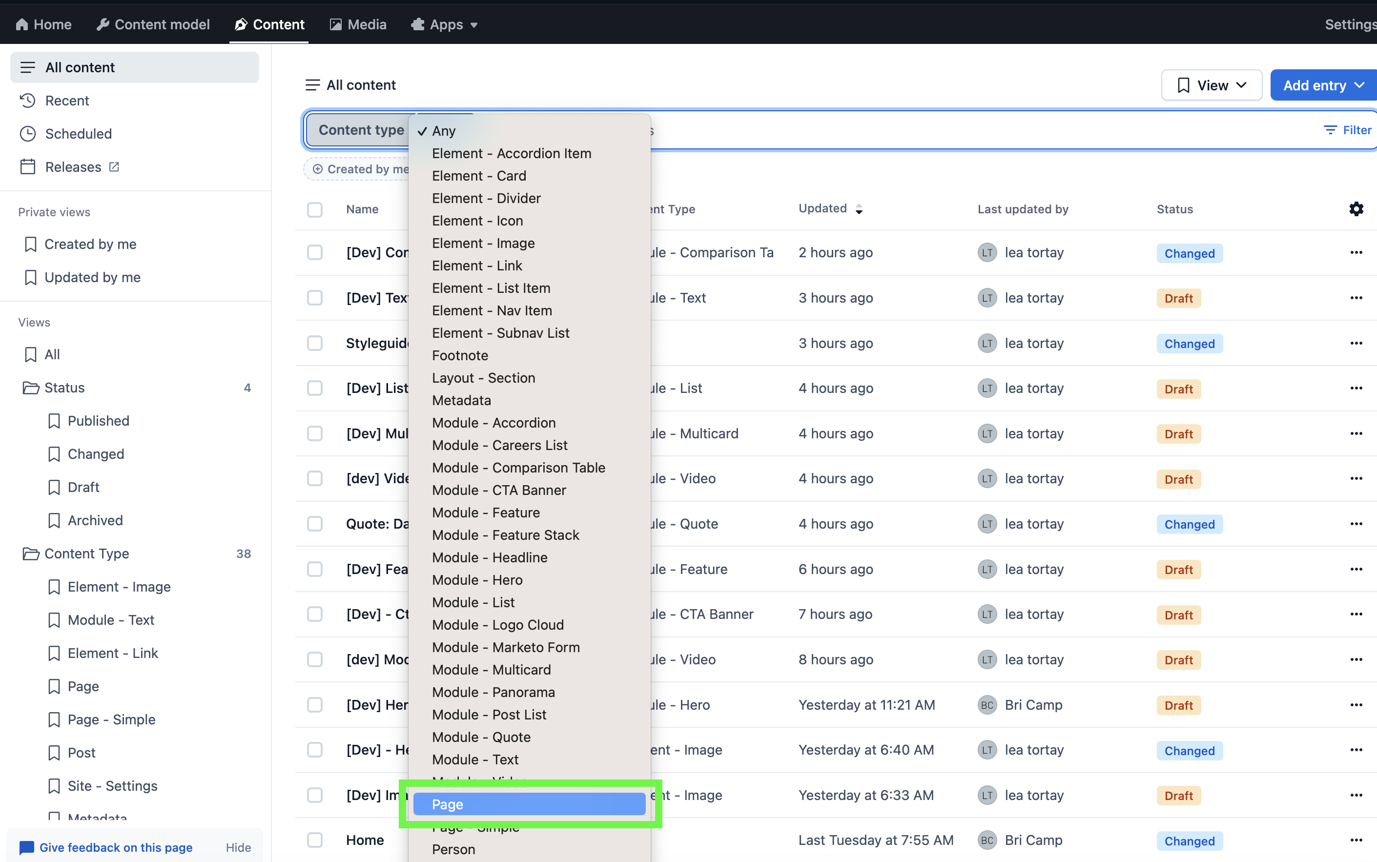 Contentful user interface with a rectangle that is around the Page content model.